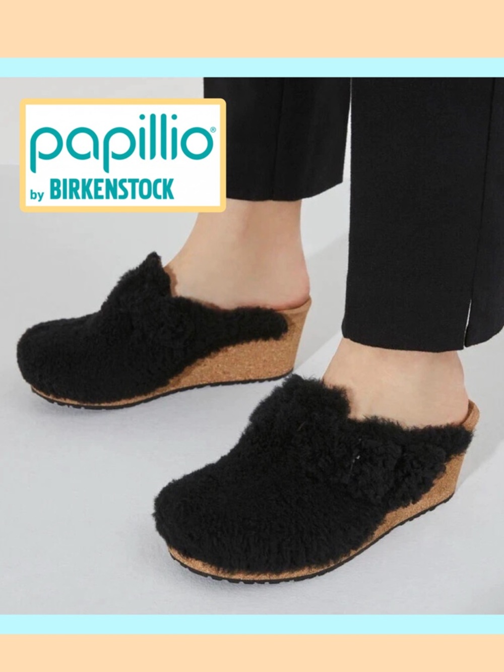 🆕 Birkenstock Papillio Fanny Teddy Clogs Black Wedge Mules Shearling Comfort 40
